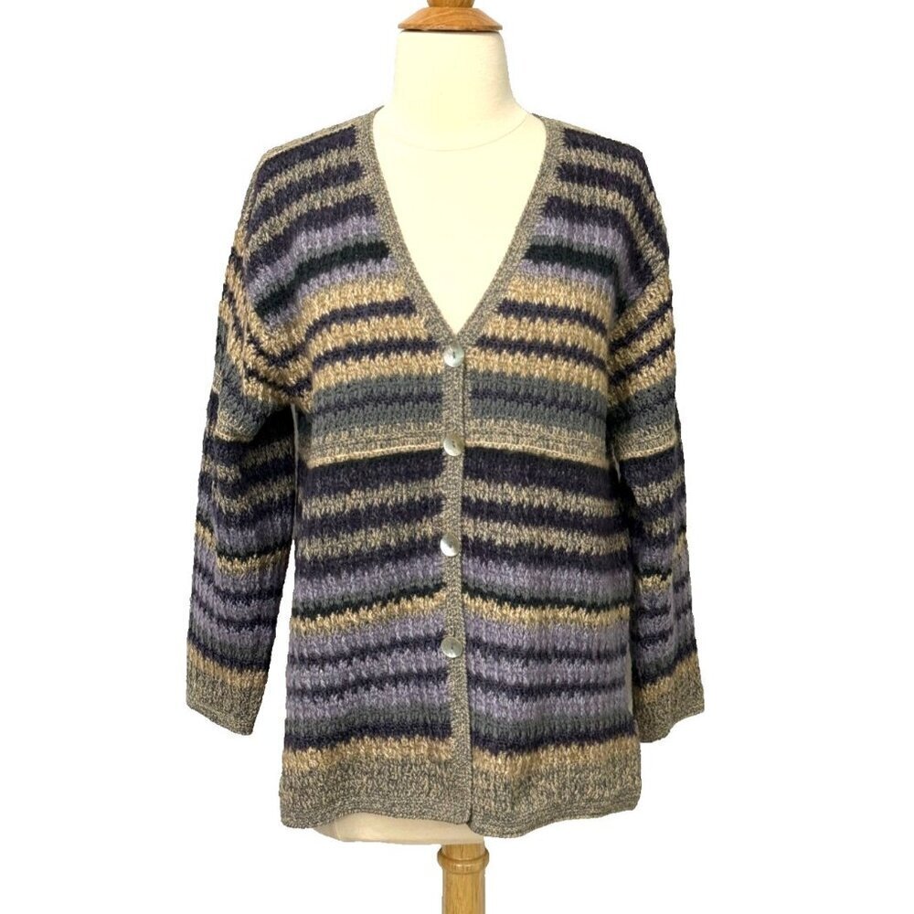 J. McLaughlin Vintage Hand Knit Cardigan Sweater Silk Mohair Blend Stripe Size S